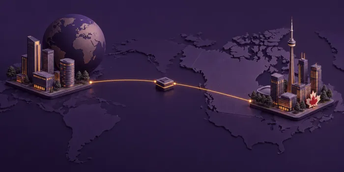 World map with a glowing connection from an international business district to Toronto, Canada