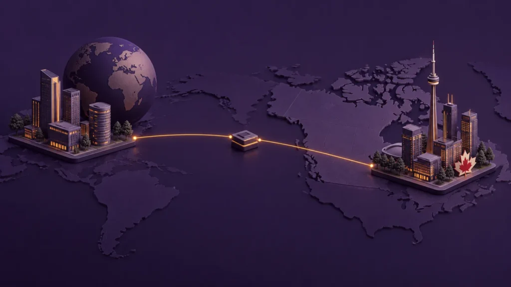 Illustration of an international business connected to a Canadian city by a payment route